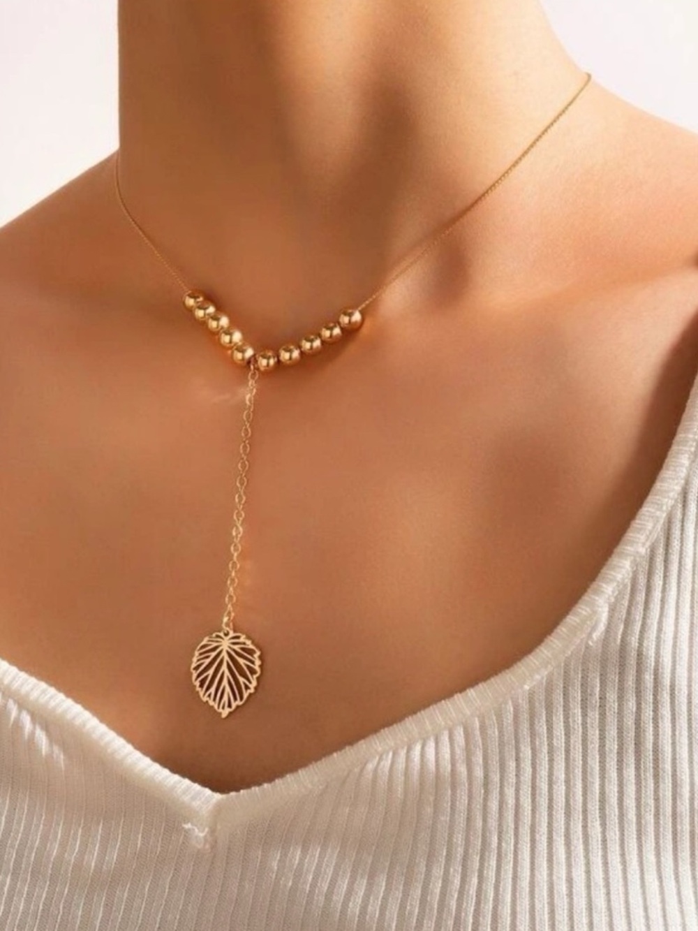 Gold leaf Pendant Lariat Necklace